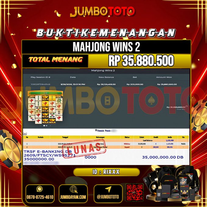 JUMBOTOTO JACKPOT SLOT MAHJONG WINS 2 Rp.35.880.500 LUNAS USER ID : RI***