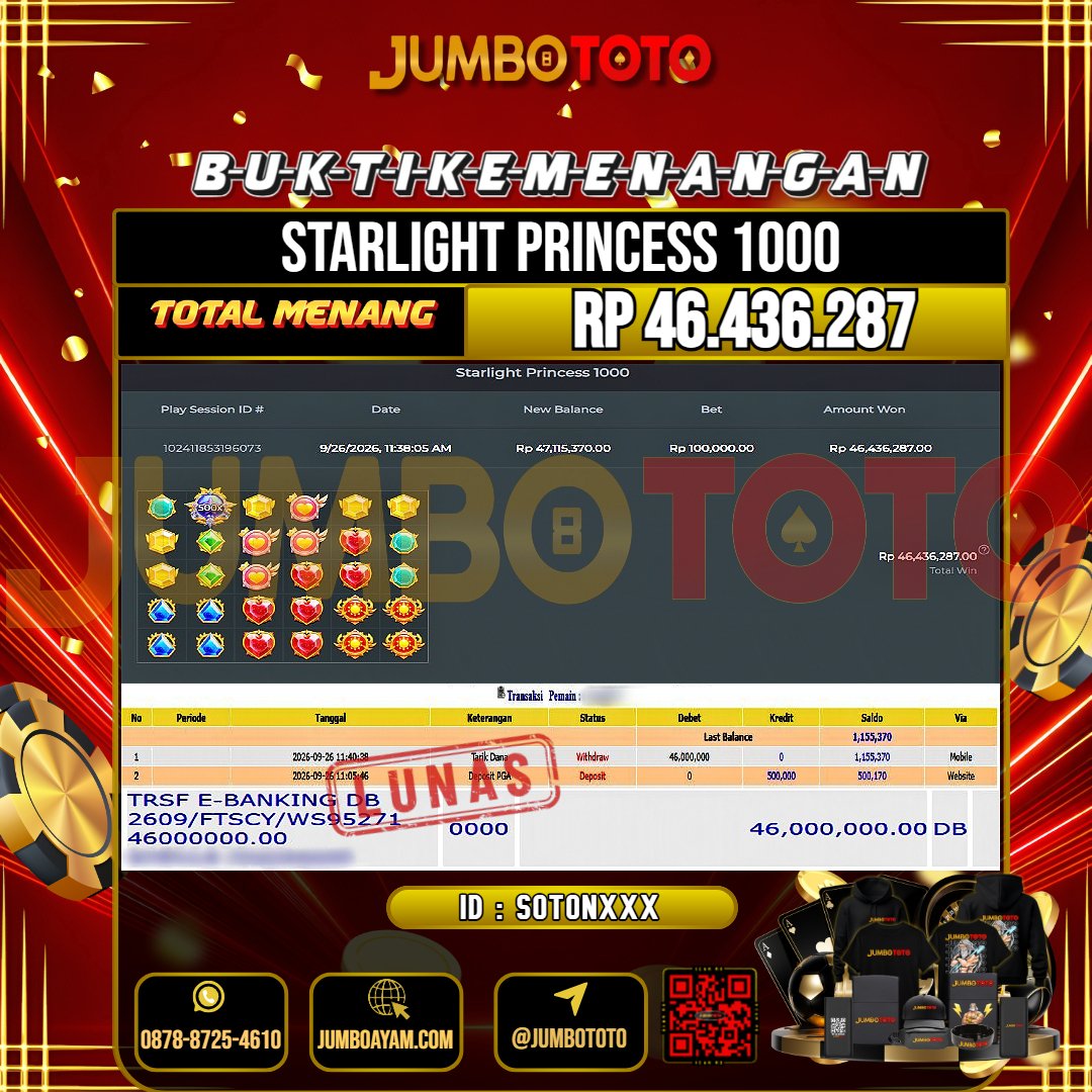 JUMBOTOTO JACKPOT SLOT STARLIGHT PRINCESS 1000 Rp.46.436.287 LUNAS USER ID : SOTON***