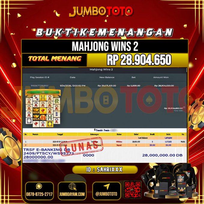 JUMBOTOTO JACKPOT SLOT MAHJONG WINS 2 Rp.28.904.650 LUNAS USER ID : SAHRI***