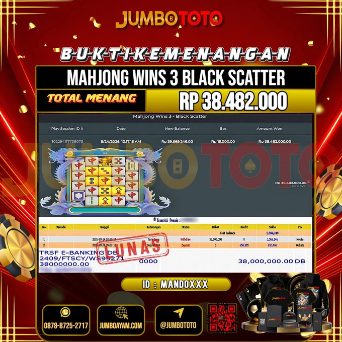 JUMBOTOTO JACKPOT SLOT MAHJONG WINS 3 BLACK SCATTER Rp.38.482.000 LUNAS USER ID : MANDO***