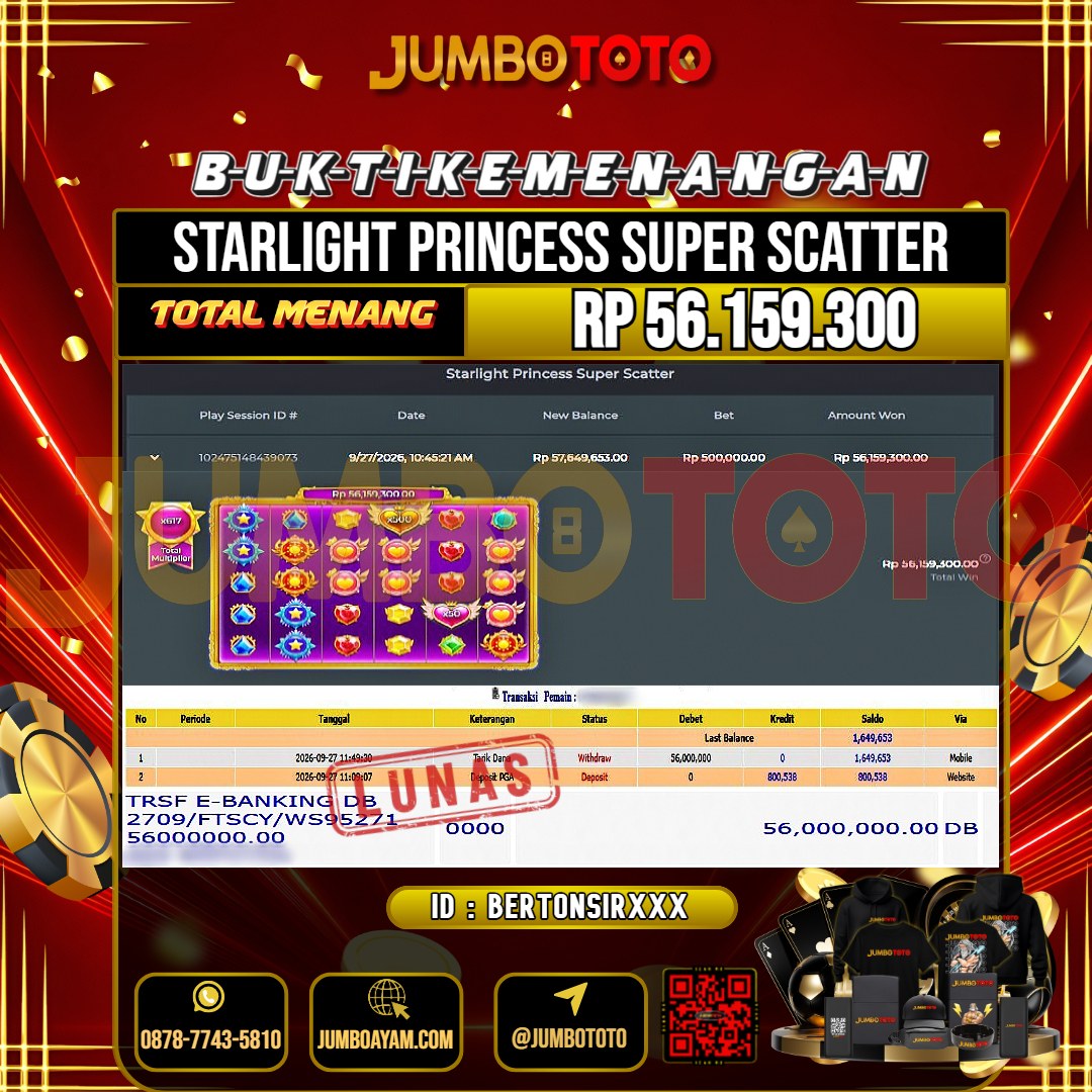JUMBOTOTO JACKPOT SLOT STARLIGHT PRINCESS SUPER SCATTER Rp.56.159.300 LUNAS USER ID : BERTONSIR***