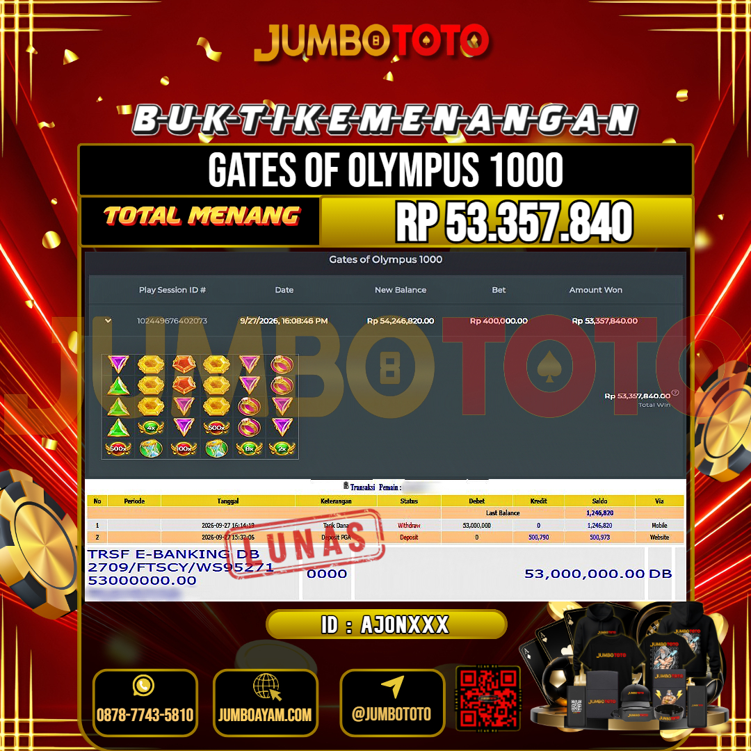 JUMBOTOTO JACKPOT SLOT GATES OF OLYMPUS 1000 Rp.53.357.840 LUNAS USER ID : AJON***