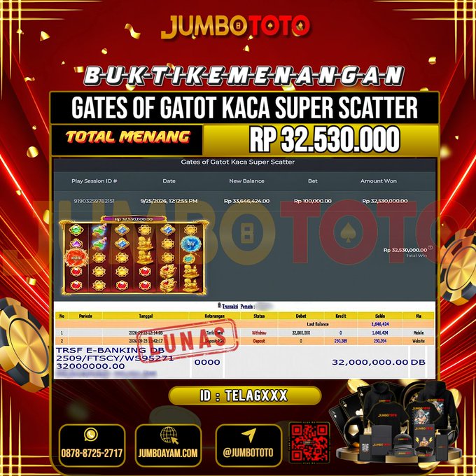 JUMBOTOTO JACKPOT SLOT GATES OF GATOT KACA SUPER SCATTER Rp.32.530.000 LUNAS USER ID : TELAG***