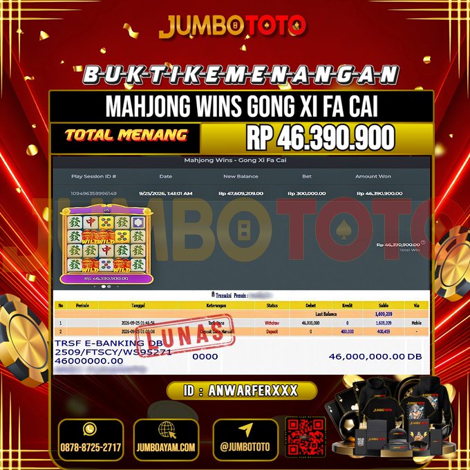 JUMBOTOTO JACKPOT SLOT MAHJONG WINS GONG XI FA CAI Rp.46.390.900 LUNAS USER ID : ANWARFER***