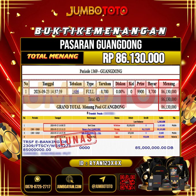 JUMBOTOTO JACKPOT TOGEL PASARAN GUANGDONG Rp.86.130.000 LUNAS USER ID : RYAN123***