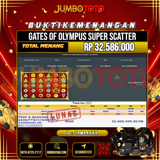 JUMBOTOTO JACKPOT SLOT GATES OF OLYMPUS SUPER SCATTER Rp.32.586.000 LUNAS USER ID : TAMBA***