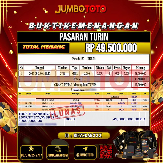 JUMBOTOTO JACKPOT TOGEL PASARAN TURIN Rp.49.500.000 LUNAS USER ID : RIEZZCAR***