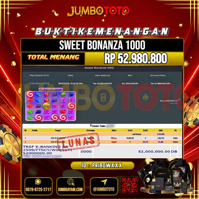 JUMBOTOTO JACKPOT SLOT SWEET BONANZA 1000 Rp.52.980.800 LUNAS USER ID : PRIBOW***