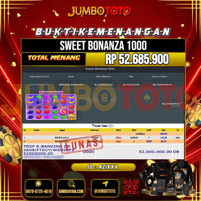 JUMBOTOTO JACKPOT SLOT SWEET BONANZA 1000 Rp.52.685.900 LUNAS USER ID : AZI***